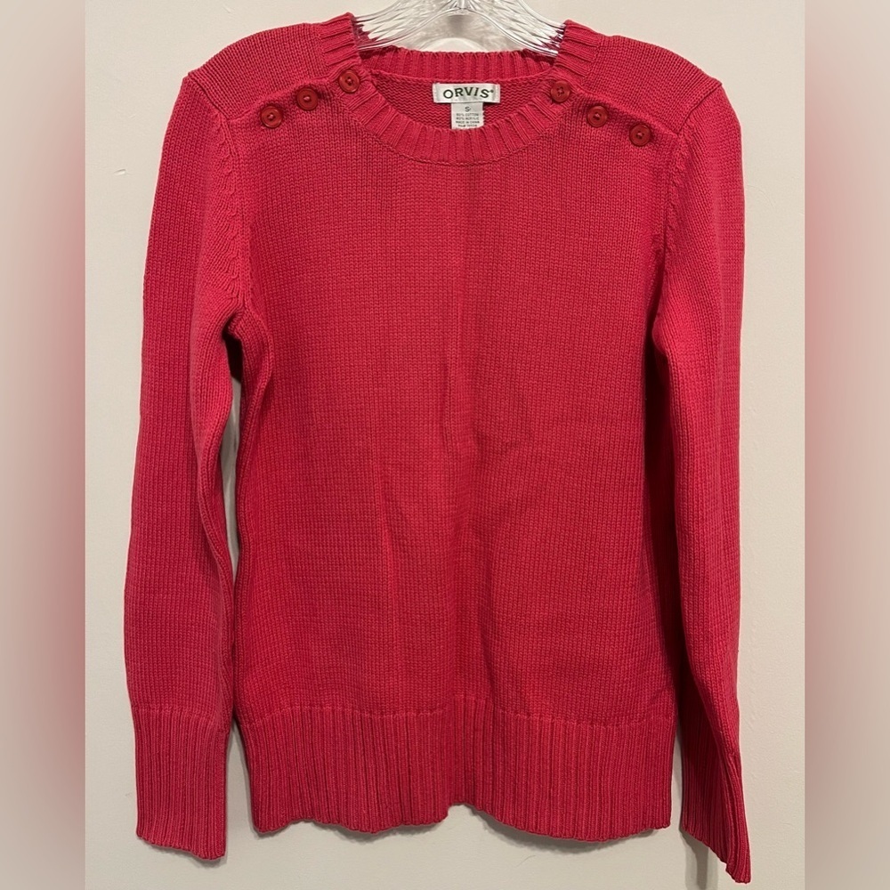 Orvis Women’s Knit Pink Sweater w/Button Detail on Shoulders, 60% Cotton; Size S